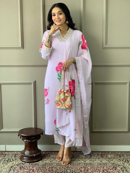  Embroidery and Printed White Color Kurti Pant With Dupatta  3 Piece Kurti Set