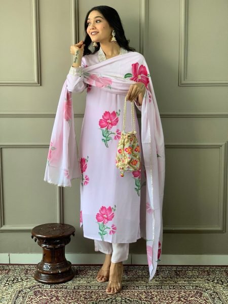 Embroidery and Printed White Color Kurti Pant With Dupatta  3 Piece Kurti Set