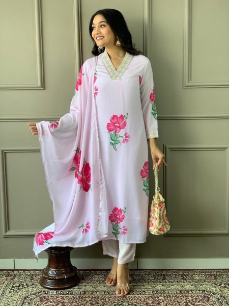  Embroidery and Printed White Color Kurti Pant With Dupatta  3 Piece Kurti Set