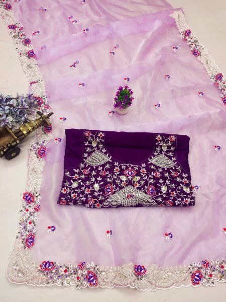 Embroidery Sequence Work Organza Silk Saree  Organza Sarees Wholesale