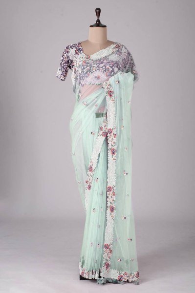 Embroidery Sequence Work Organza Silk Saree  Organza Sarees Wholesale