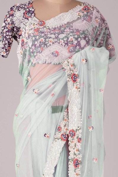 Embroidery Sequence Work Organza Silk Saree  Organza Sarees Wholesale