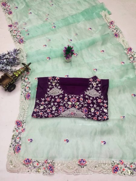 Embroidery Sequence Work Organza Silk Saree  Organza Sarees Wholesale