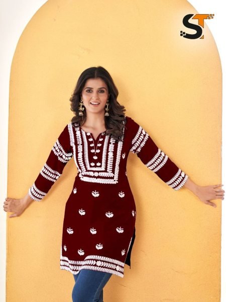 Embroidery Work Short Tops for Office and Regular Wear Embroidery Kurtis 