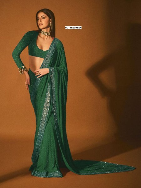 Emerald Green Georgette Sequin Saree For Glamorous Wedding Guest Look