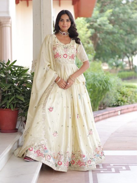 Enchanting Gold Crush Zari Sequin Embroidered Lehenga with Peplum Style Blouse for Reception Wear  