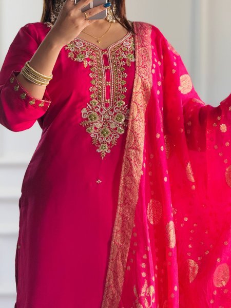 Enchanting Roman Silk Embroidered Top Pant Set with Fancy Jacquard Dupatta for Party Wear 3 Piece Kurti Set