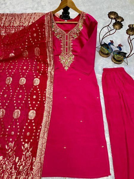 Enchanting Roman Silk Embroidered Top Pant Set with Fancy Jacquard Dupatta for Party Wear 3 Piece Kurti Set