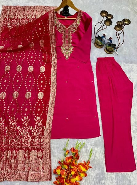 Enchanting Roman Silk Embroidered Top Pant Set with Fancy Jacquard Dupatta for Party Wear 3 Piece Kurti Set