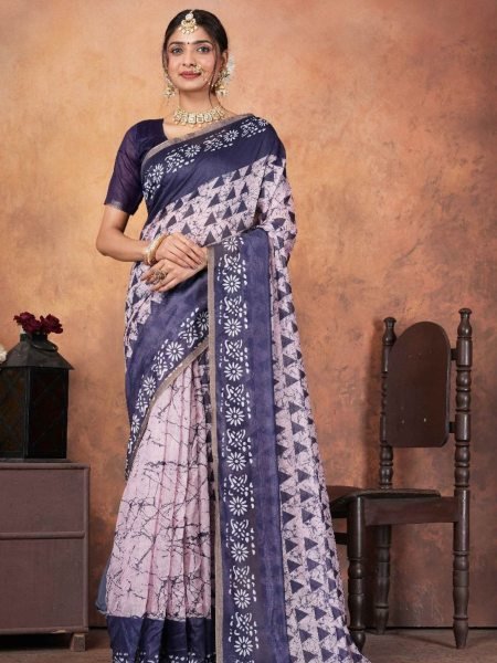 Ethereal Grace Soft Chanderi Printed Saree with Gold Border & Matching Blouse Piece Printed Cotton Sarees Wholesale