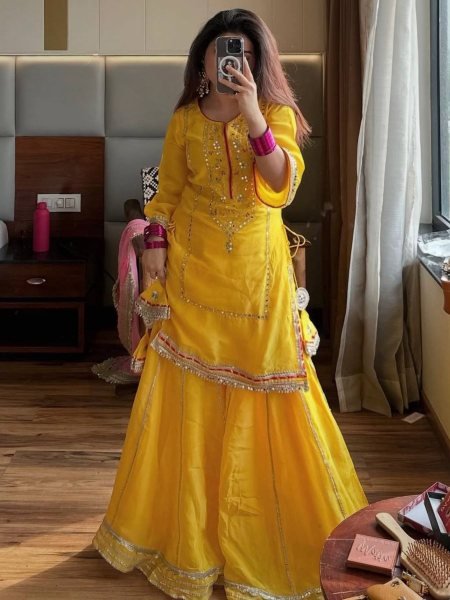 Ethereal Kundan Organza Silk Embroidered   Sequence Work Top Plazzo Set with Designer Lace Dupatta for Function Wear Ready To Wear Suit