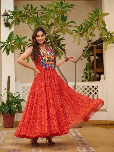 Ethnic Bandhani Gown for Navratri Georgette Fabric with Gamthi Touch Kurtis