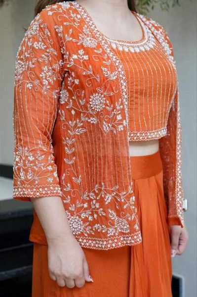Ethnic Chinon Palazzo Set with Front Embroidered Jacket & Blouse Readymade Festive Wear at Affordable Price  Ready To Wear Collection