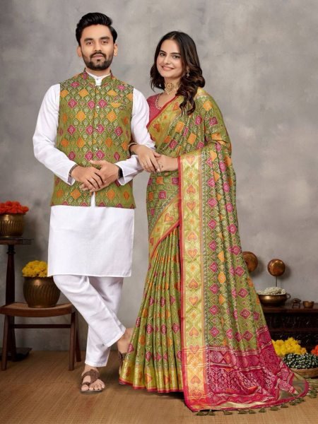 Ethnic Indian Couple Wear Kurta Pajama with Koti for Men and Matching Saree for Women Online Wholesale Collection