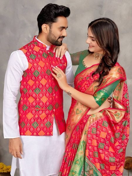 Ethnic Indian Couple Wear Kurta Pajama with Koti for Men and Matching Saree for Women Couple Combo collection 