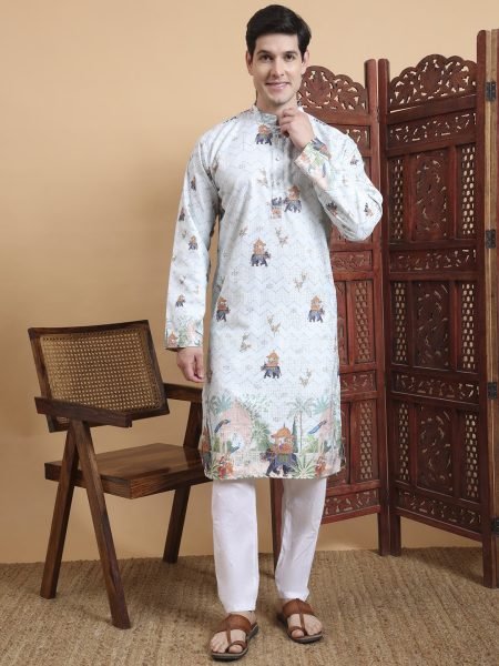 Ethnic Motifs Printed Thread Work Mandarin Collar Pure Cotton Kurta Set Kurta Pajama Wholesale