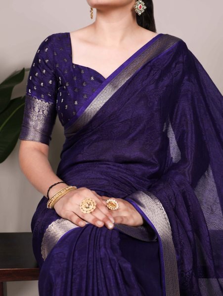 Evening Festive Look Navy Blue Chinon Saree with Rich Zari Border   Elegant Drape Silk Sarees Wholesale