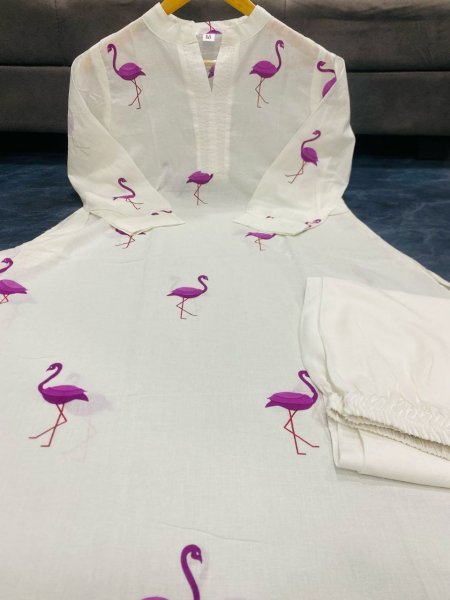 Stylized Purple Flamingo Cotton Kurti Plazzo Set Lightweight Summer Wear for Women Kurti With Bottom Wholesale
