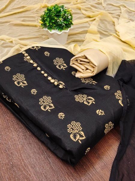 Exclusive Black Color Cotton Slub Print Dress Material Collection 