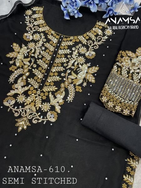 Exclusive Black Heavy Faux Georgette Suit set and Hevay Embroidery Work with Zimmy Chu fancy Dupatta Embroidery Suits Wholesale