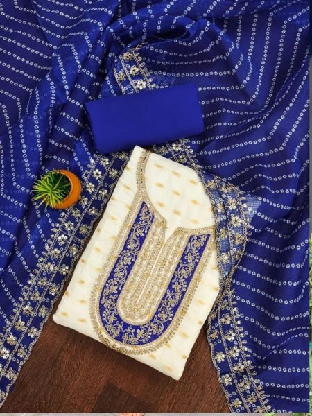 Exclusive Blue Color Chanderi Dress Material Suit  For Women