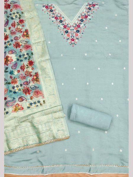 Exclusive Blue Color Roman Silk Dress Material Collection   Color Set Matching Dress Material Wholesale