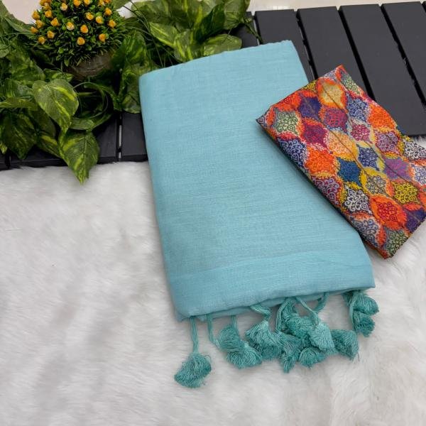 Exclusive Cotton Linen Saree with Digital Print & Pom-Pom Tassels Cotton Sarees Wholesale