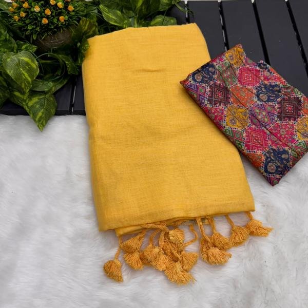 Exclusive Cotton Linen Saree with Digital Print & Pom-Pom Tassels Cotton Sarees Wholesale