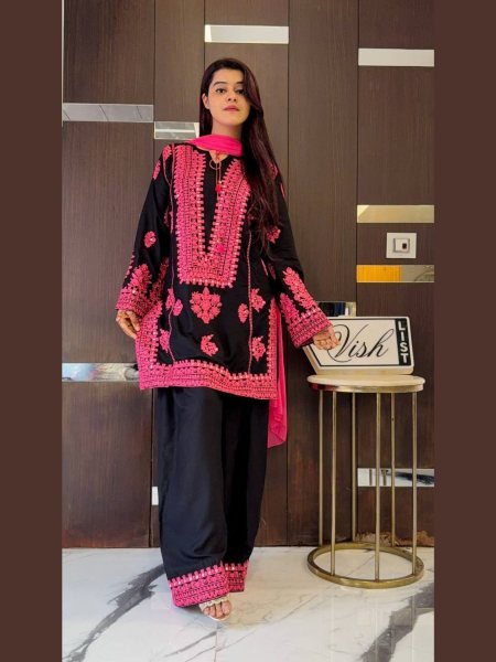 Exclusive Crepe Silk Chain Stitch Silk Suit with Real Mirror Detailing   Georgette Dupatta  Set Fully Stitched Ready To Wear 