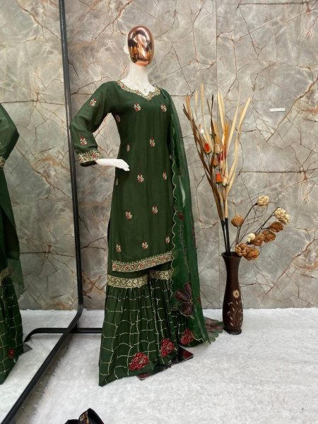 Exclusive Designer Chinon Sharara Suit with Sequins Embroidery   Organza Dupatta Ready To Wear Collection