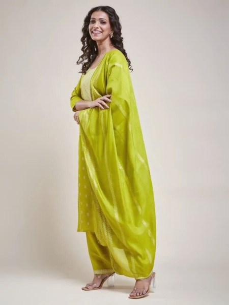 Exclusive Designer Yellow Color Kurta Suit Set in Viscose Chanderi Printed Kurtis