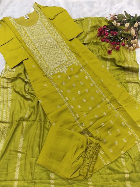 Exclusive Designer Yellow Color Kurta Suit Set in Viscose Chanderi Printed Kurtis