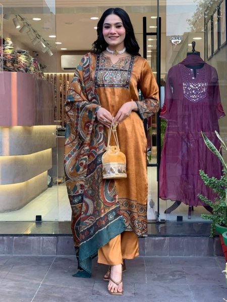 Exclusive Digital Print Chinon Silk Kurta Pant with Dupatta Real Mirror Handwork 
