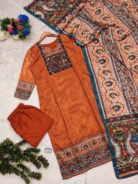Exclusive Digital Print Chinon Silk Kurta Pant with Dupatta Real Mirror Handwork Ready To Wear Collection