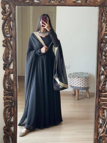 Exclusive Georgette Anarkali Gown with Mirror & Embroidery Work Ready-to-Wear Festive Collection at Surat  Plus Size Kurti / Gown
