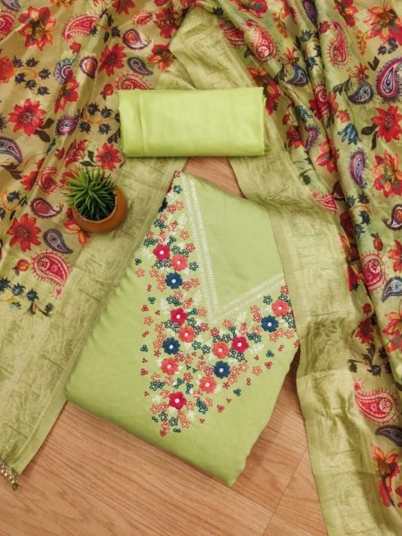 Exclusive Green Color Roman Silk Dress Material Collection  