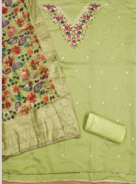 Exclusive Green Color Roman Silk Dress Material Collection   Color Set Matching Dress Material Wholesale