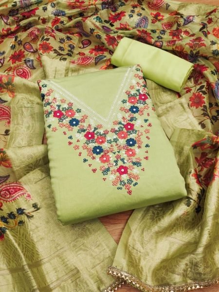 Exclusive Green Color Roman Silk Dress Material Collection   Color Set Matching Dress Material Wholesale