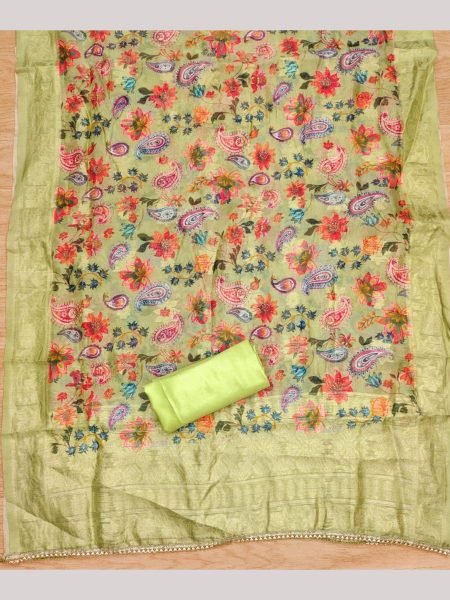 Exclusive Green Color Roman Silk Dress Material Collection   Color Set Matching Dress Material Wholesale