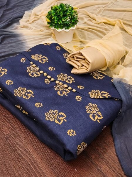Exclusive Indigo Color Cotton Slub Print Dress Material Collection 