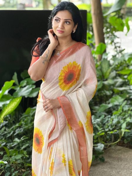 Exclusive Linen Digital Print Saree With Silver Zari Border Linen Sarees Wholesale