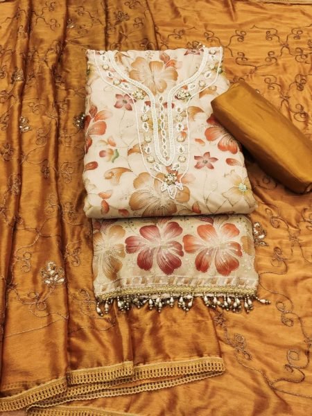 Exclusive Organza Dress Material With Hand Work For Women Color Set Matching Dress Material Wholesale