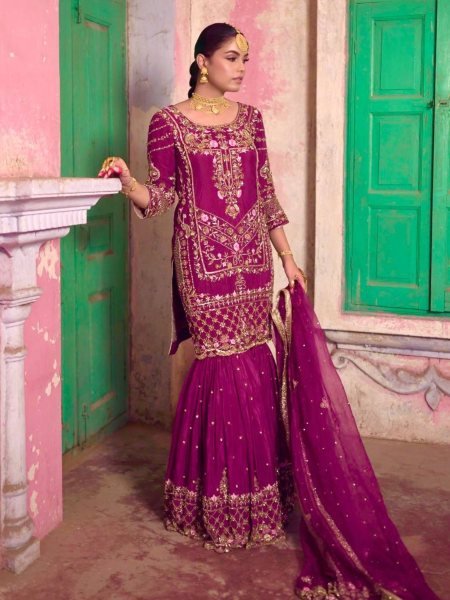 Exclusive Party Wear Readymade 3 Piece Set Pure Chinon Silk Kurti with Embroidery Sequin Work Heavy Set 