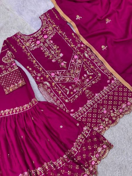 Exclusive Party Wear Readymade 3 Piece Set Pure Chinon Silk Kurti with Embroidery Sequin Work Heavy Set Ready To Wear Collection