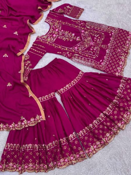 Exclusive Party Wear Readymade 3 Piece Set Pure Chinon Silk Kurti with Embroidery Sequin Work Heavy Set Ready To Wear Collection