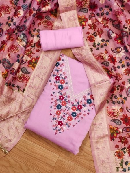 Exclusive Pink Color Roman Silk and Digital Printed Dress Material  Color Set Matching Dress Material Wholesale