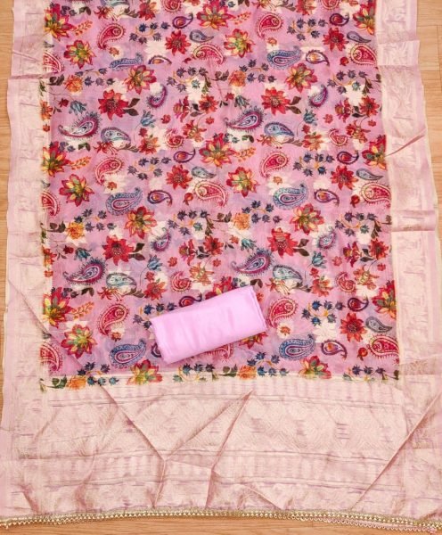 Exclusive Pink Color Roman Silk and Digital Printed Dress Material  Color Set Matching Dress Material Wholesale