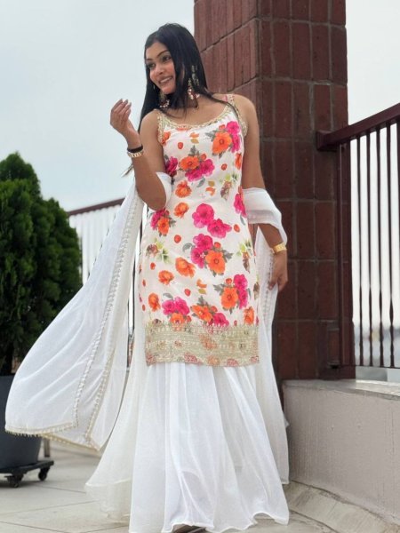 Exclusive Ready to Wear White Chinon Silk Kurti with Flared Plazzo and Lace Dupatta 