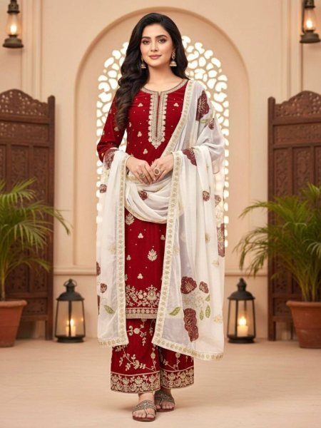 Exclusive Red Embroidered Top and Plazo Suit with Digital Print Dupatta for Designer Look Embroidery Kurtis 