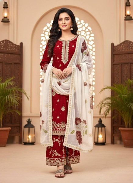Exclusive Red Embroidered Top and Plazo Suit with Digital Print Dupatta for Designer Look Embroidery Kurtis 